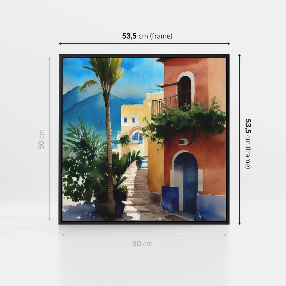 Obraz w ramie 50x50 - Spokój Miasta nad Morzem - akwarela, sródziemnomorski klimat - rama czarna