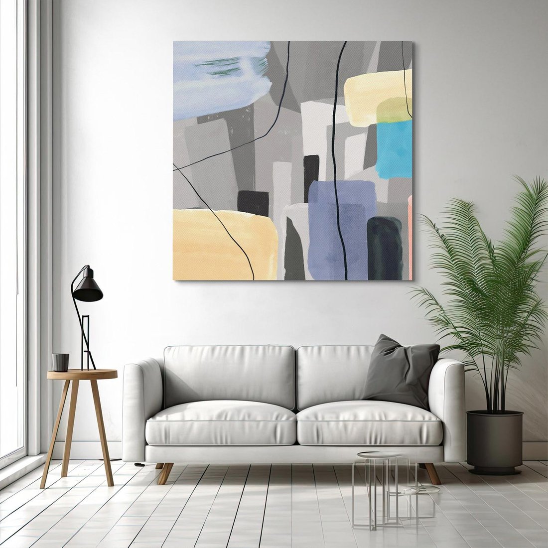 Obraz na płótnie 80x80 - Harmonia w chaosie serca - abstrakcja na szarym tle, kolorowe plamy koloru