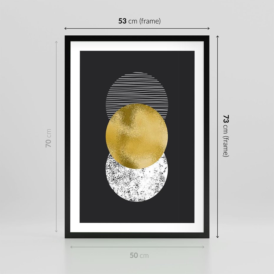 Plakat w ramie 50x70 - Geometryczna Perfekcja: Złote Koło - geometryczna grafika, złote koło - rama czarna