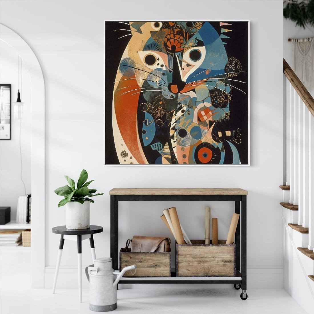 Obraz w ramie 50x50 - Księga Surrealnych Wymiarów - abstrakcyjny obraz olejny, kot - rama biała