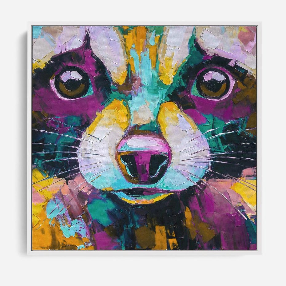 Obraz w ramie 80x80 - Przebudzenie snu artysty - zbliżenie, kolorowy portret szopa pracza - rama biała