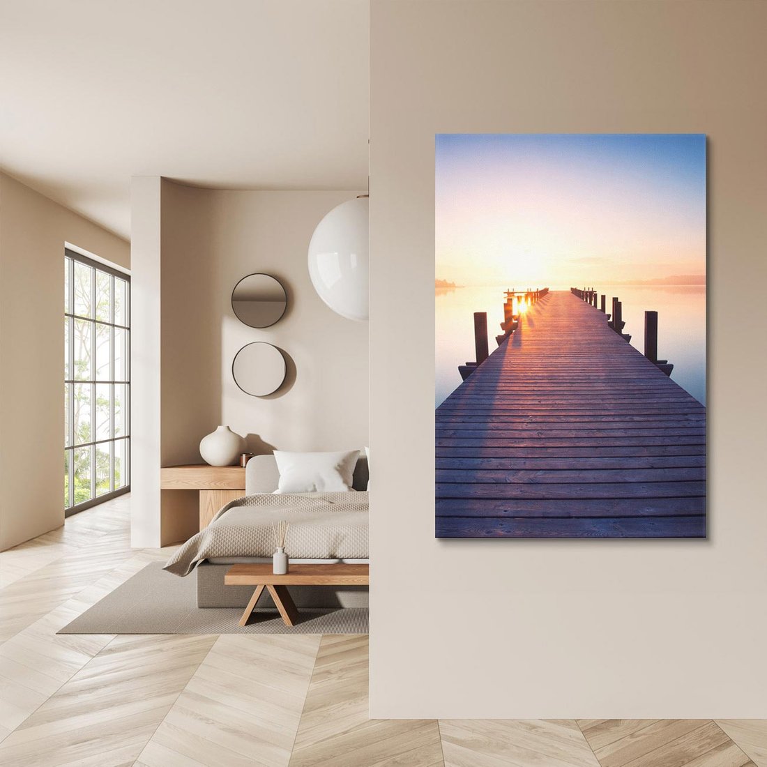 Obraz na płótnie 70x100 - Zachód słońca nad molo: Magia morza - molo, zachód słońca