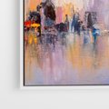 Obraz w ramie 80x80 - Miasto Refleksji - olejna panorama miasta w oddali, wiezowce odbijają się w rzece - rama biała