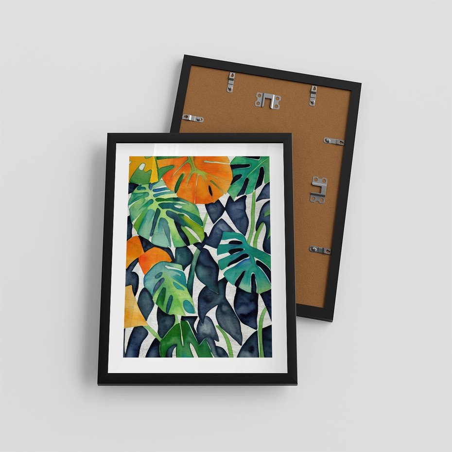 Plakat w ramie 30x40 - Tropikalne Pragnienia - akwarela, liście tropikalne - rama czarna