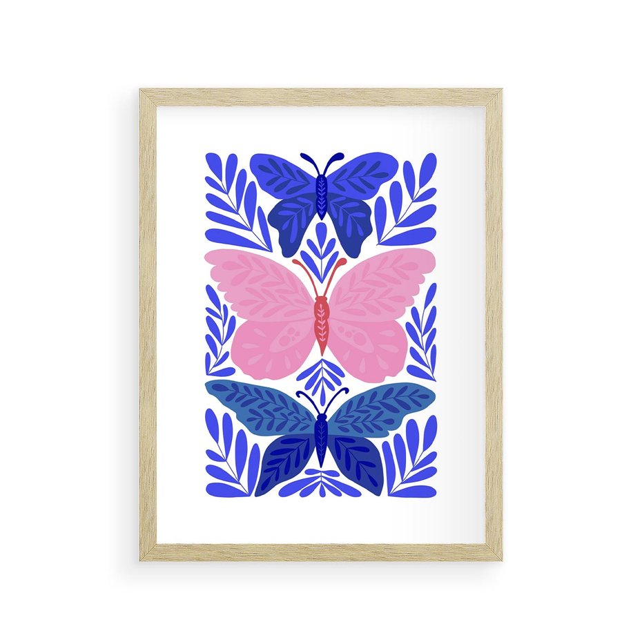 Plakat w ramie 30x40 - Delikatna Symfonia Natury - motyle, rośliny - rama drewno