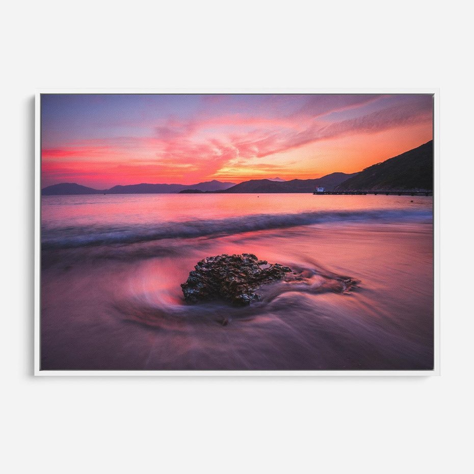 Obraz w ramie 100x70 - Zaklęty Zachód - magiczny zachód słońca, fioletowe - rama biała