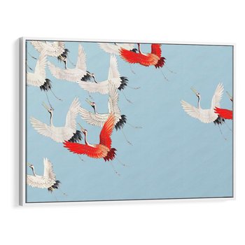 Obraz w ramie 120x80 - Eteryczne Żurawie - lecące żurawie, orientalna sztuka - rama biała