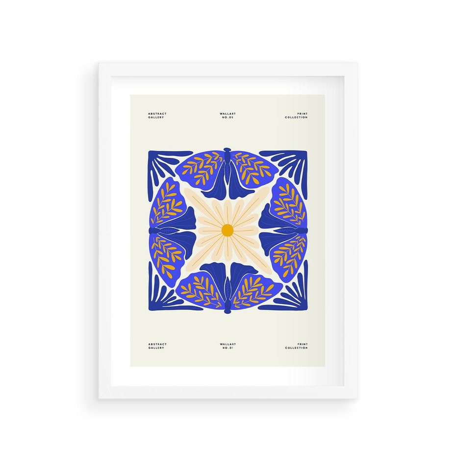 Plakat w ramie 30x40 - Księga Abstrakcji - abstrakcyjna boho kompozycja, granatowe ćmy - rama biała