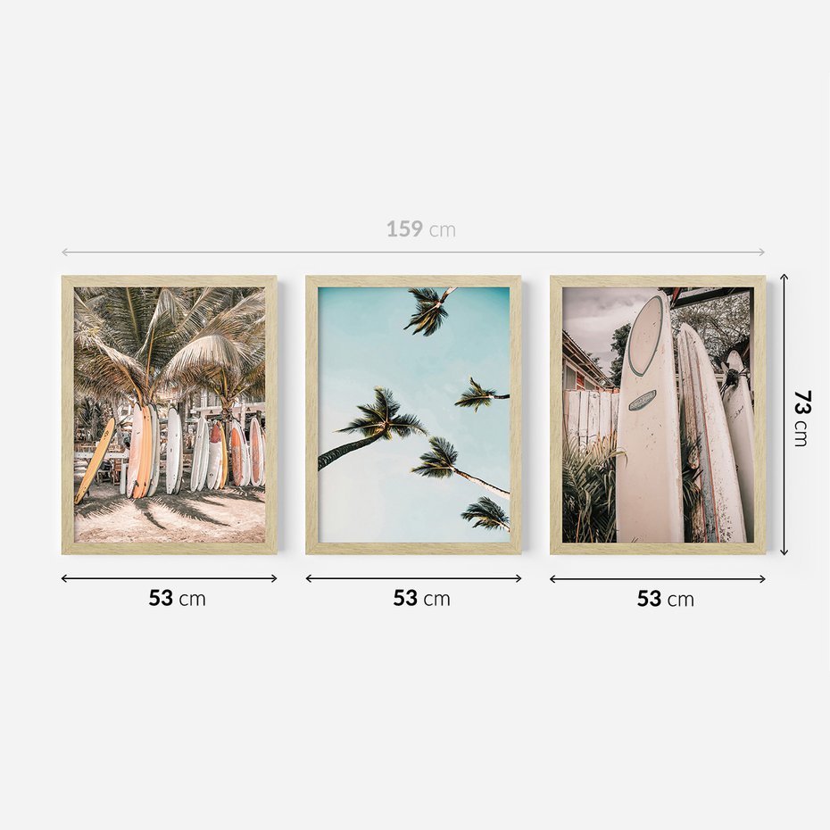 Zestaw obrazy w ramie 50x70 galeria - Surfing, palmy, wakacje - rama drewno