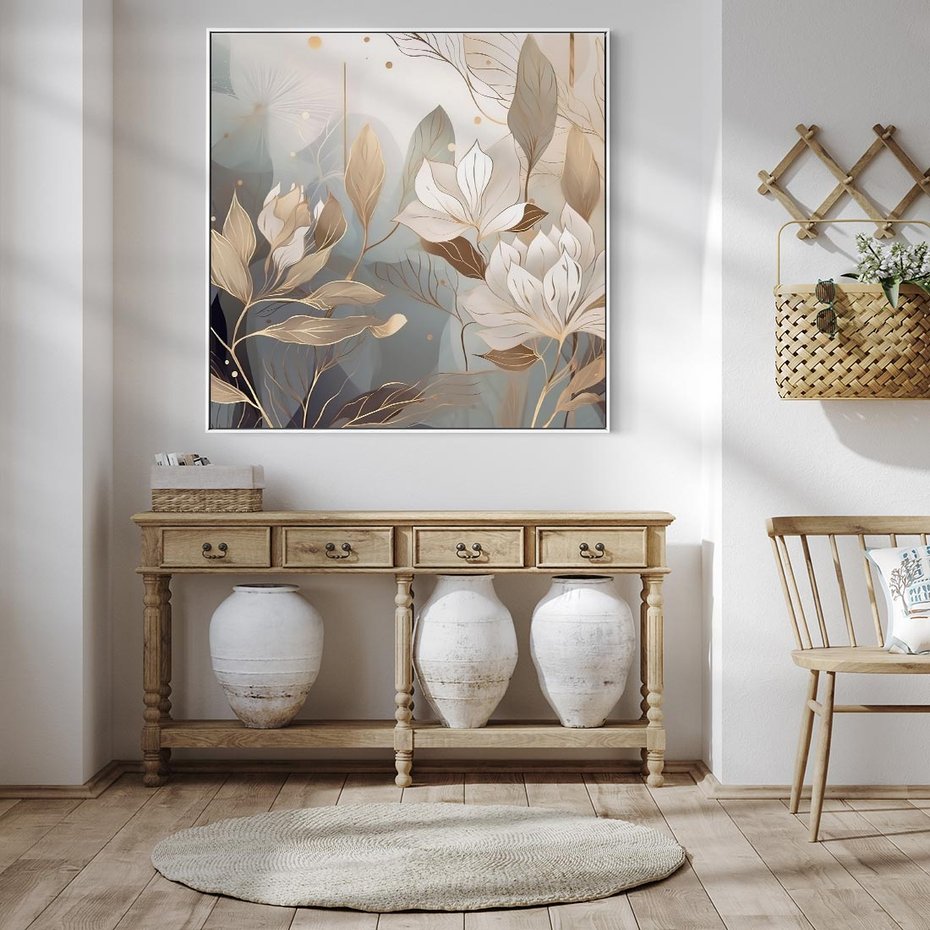 Obraz w ramie 80x80 - Ekspresjonistyczny deszcz uczuć - grafika, złote kwiaty - rama biała