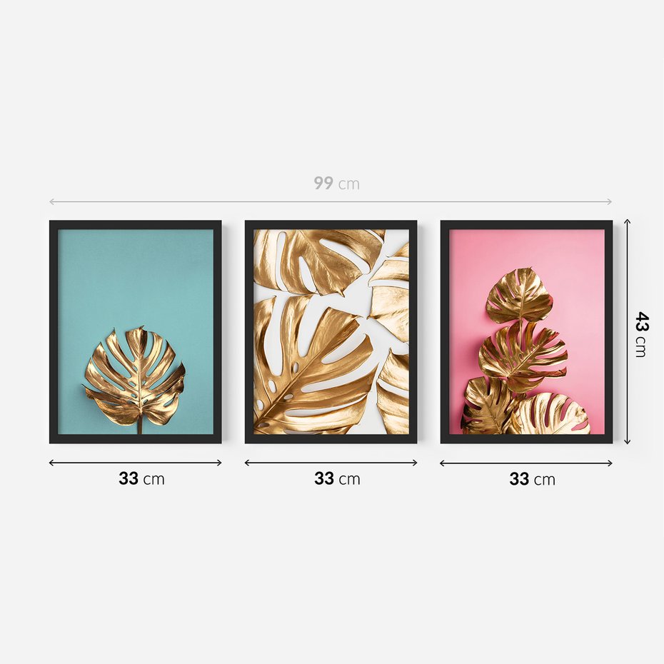 Zestaw obrazy w ramie 30x40 galeria - Złota, monstera, pastele - rama czarna