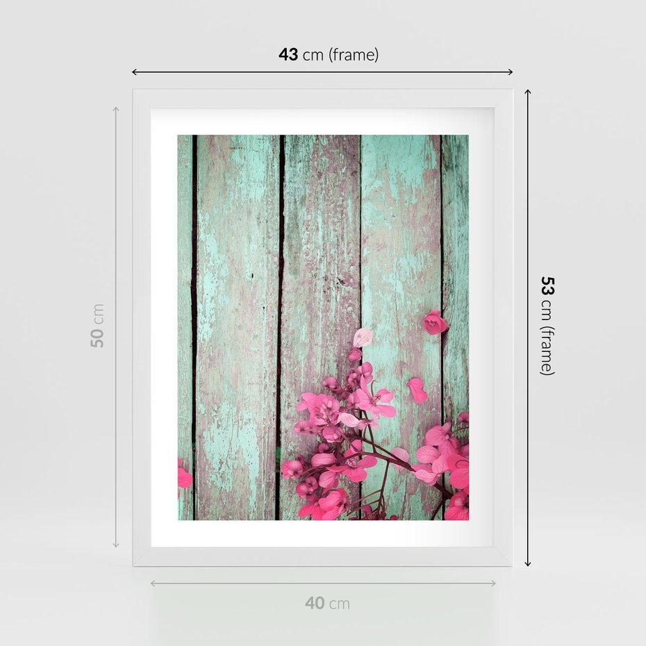Plakat w ramie 40x50 - Urok Dawnych Czasów - kwiaty, deski - rama biała