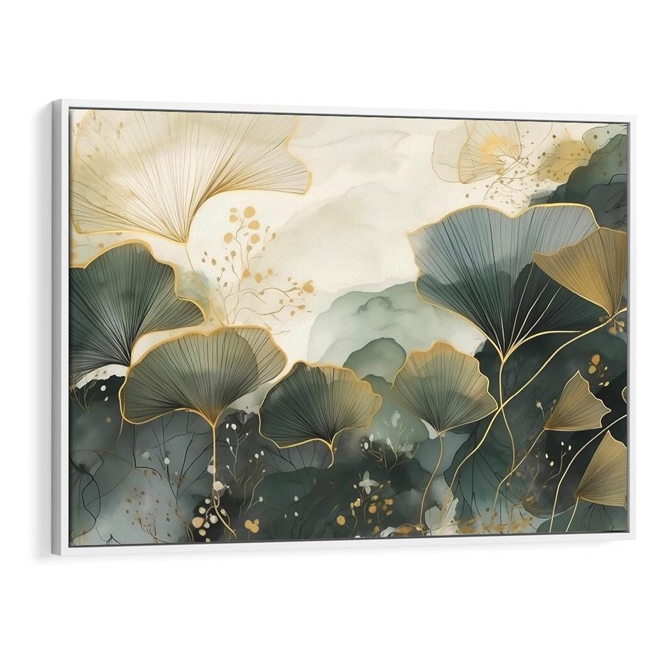 Obraz w ramie 100x70 - Natura w Złotym Odcieniu - złote elementy, liście miłorzębu japońskiego - rama biała