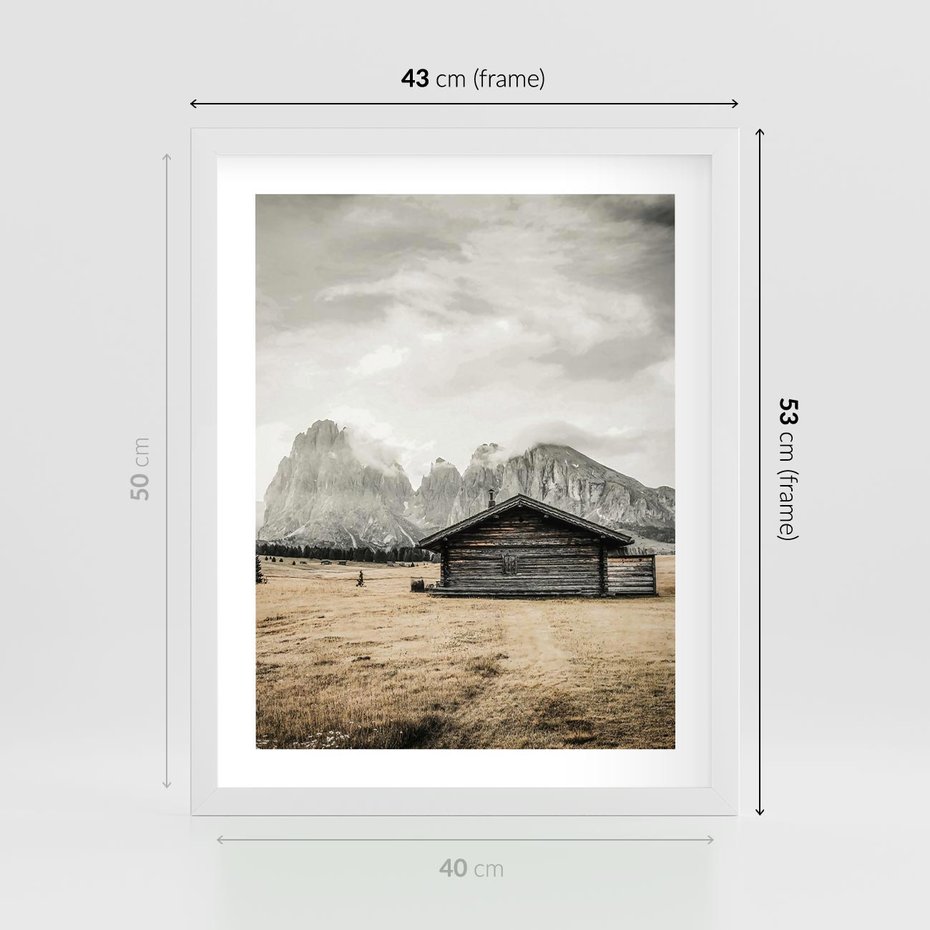Plakat w ramie 40x50 - Surowa Przestrzeń i Górski Ustronny Azyl - chatka w górach, góry - rama biała