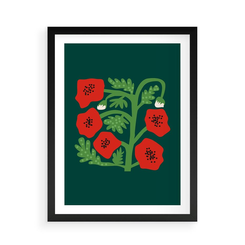 Plakat w ramie 50x70 - Księga Odbić - abstrakcyjna kwiatowa kompozycja, zielone mocne tło - rama czarna