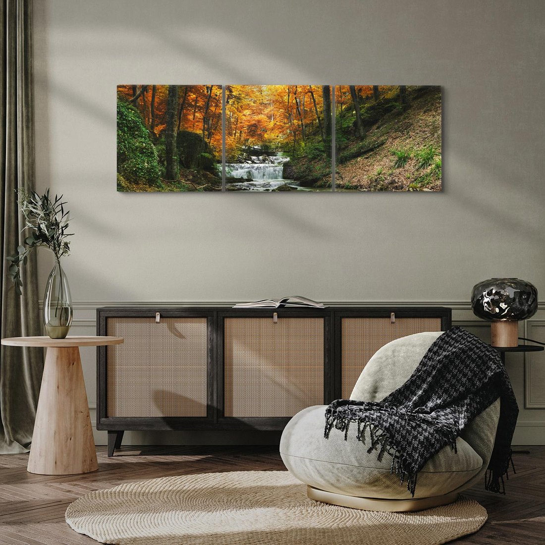 Obraz na płótnie 120x40 - Urok lasu: drzewa i strumyk w harmonii - las, drzewa