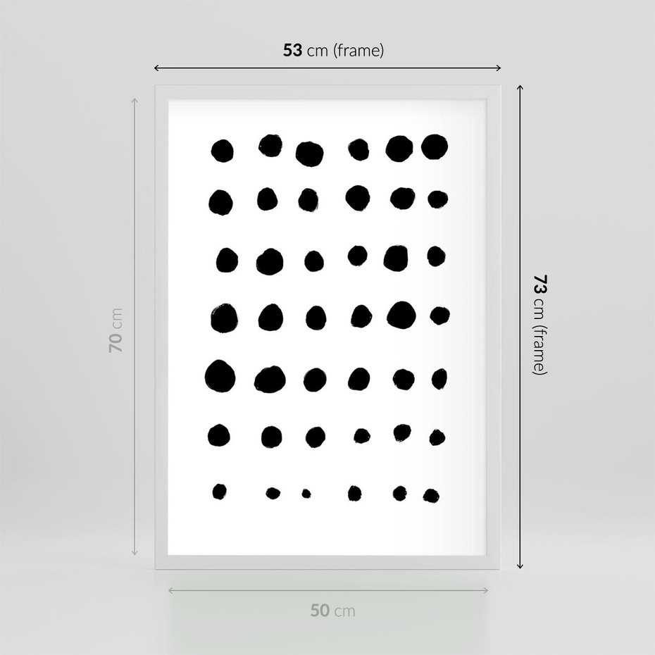 Plakat w ramie 50x70 - Migocące Anomalie - abstrakcyjna kompozycja z czarnych kropek, minimalistyczny czarno bialy plakat - rama biała