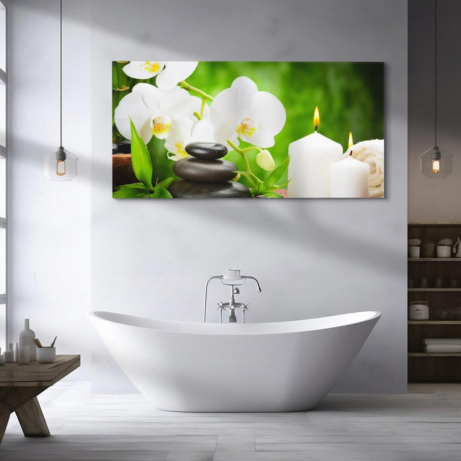 Obraz na płótnie 100x50 - Relaksacyjny SPA: masaż z kamieniami i kwiatami - SPA, masaż