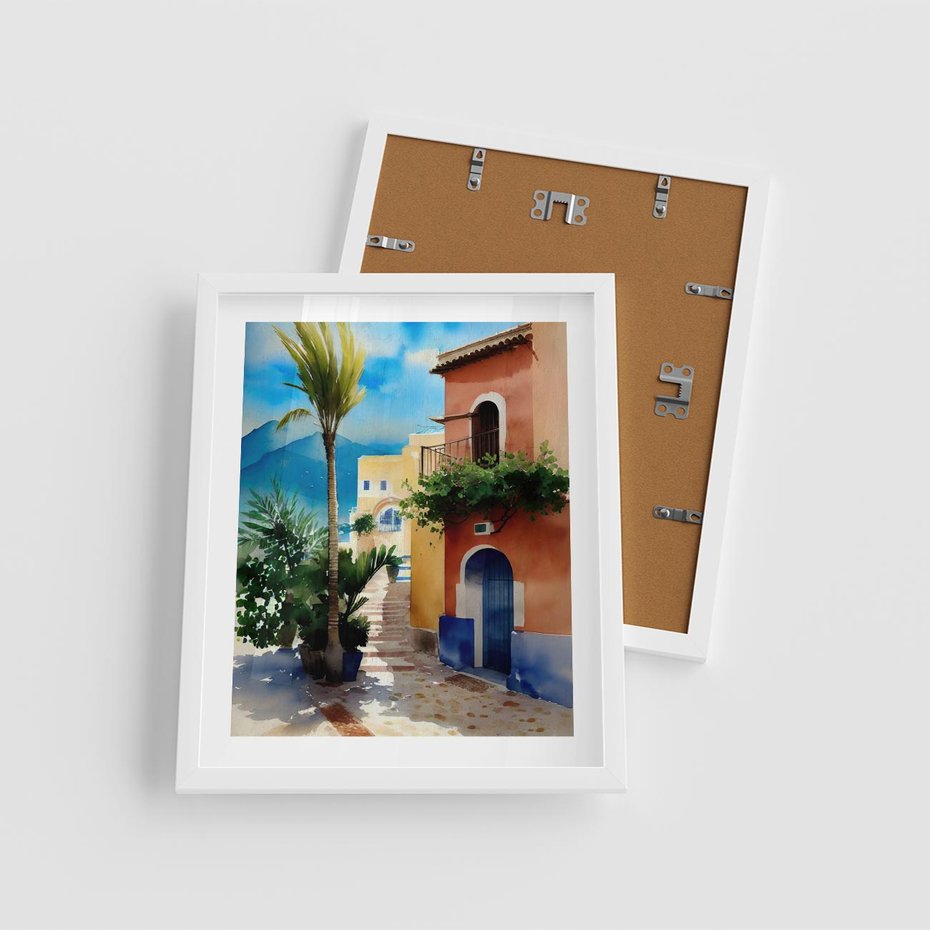 Plakat w ramie 40x50 - Spokój Miasta nad Morzem - akwarela, sródziemnomorski klimat - rama biała