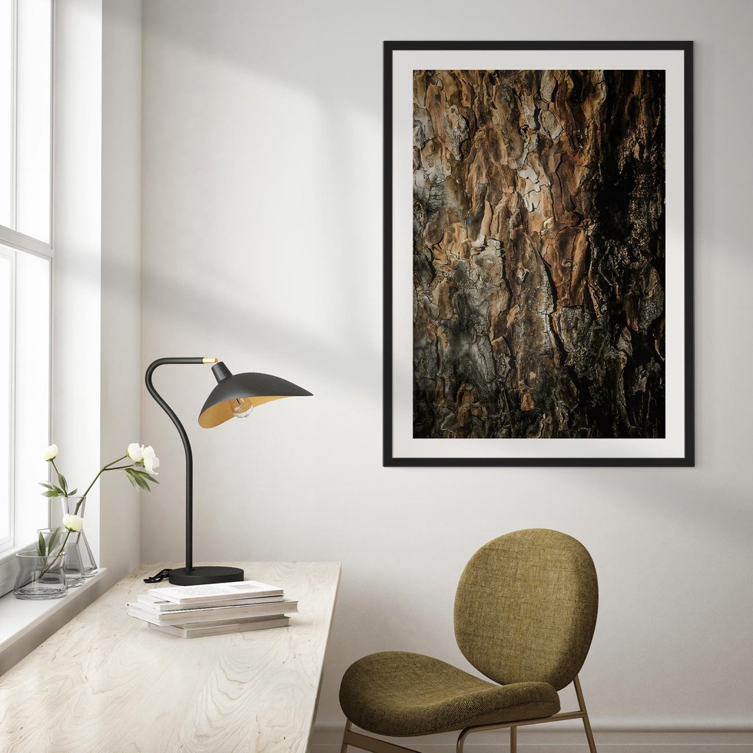 Plakat w ramie 50x70 - Tekstura Drewna: Zbliżenie - zbliżenie na pień drzewa, tekstura - rama czarna