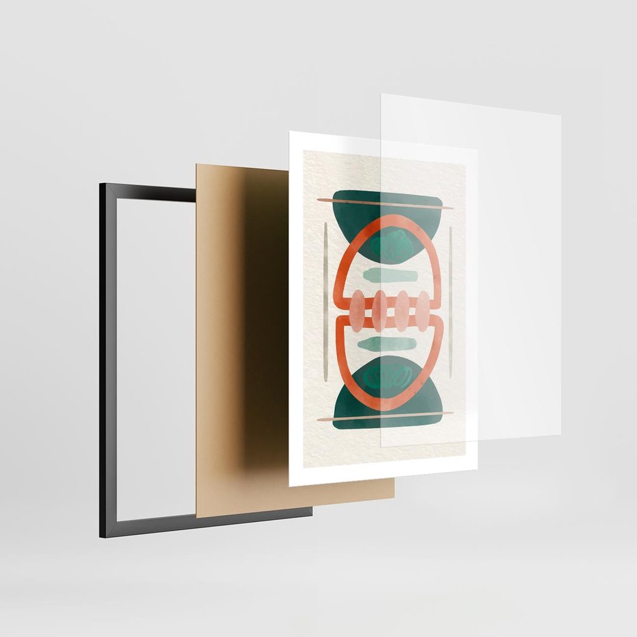 Plakat w ramie 50x70 - Oryginalny obraz abstrakcyjny w nowoczesnym stylu. Geometryczne akwarelowe kształty w intensywnych odcieniach zieleni i pomarańczu. Doskonała dekoracja dla miłośników sztuki. - abstrakcyjny obraz, sztuka nowoczesna - rama czarna