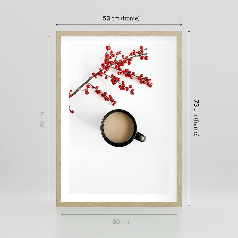 Plakat w ramie 50x70 - Filiżanka Kawy z Gałązką Jarzębiny - kawa, gałązka jarzębiny - rama drewno