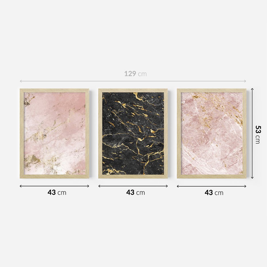 Zestaw obrazy w ramie 40x50 galeria - Marmur, złoto, róż, czerń - rama drewno