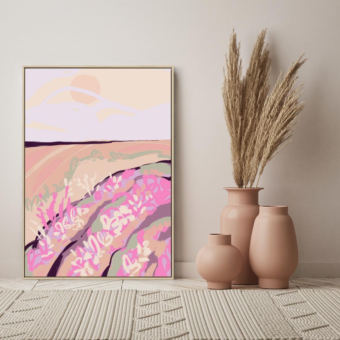 Obraz w ramie 80x120 - Harmonijny Świt - pastelowy krajobraz, nowoczesny plakat - rama drewno