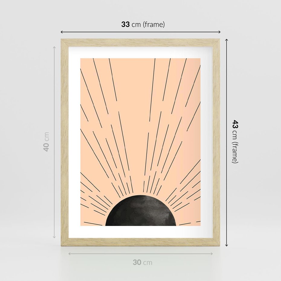 Plakat w ramie 30x40 - Migocące Kształty Promieni - boho czarne słońce, nowoczesna grafika - rama drewno