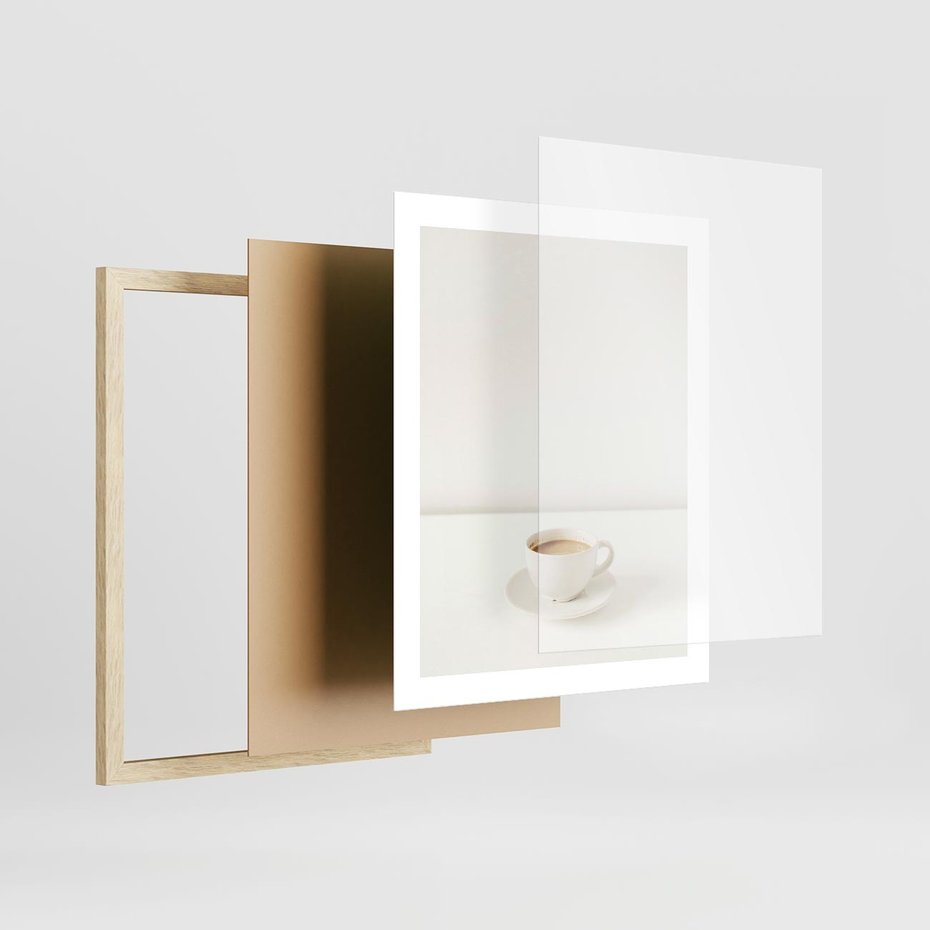 Plakat w ramie 40x50 - Kawa w Prostocie - kawa w filizance, białe tłó - rama drewno