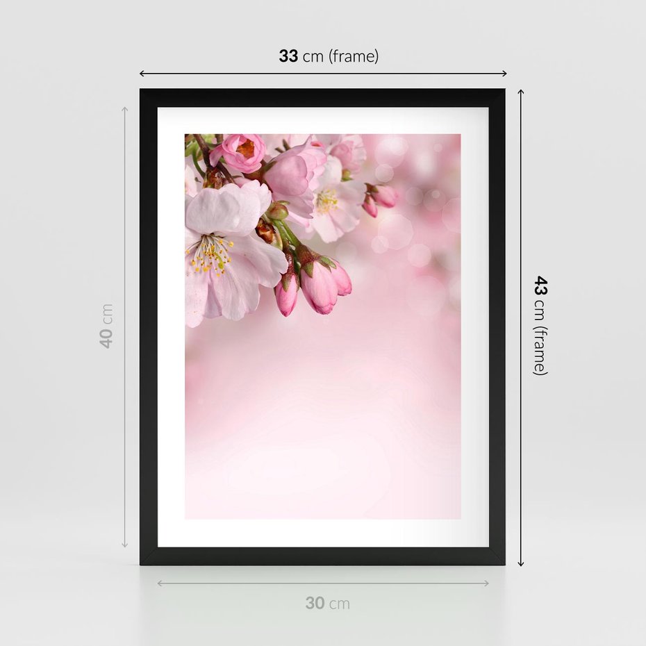 Plakat w ramie 30x40 - Kwitnąca wiśnia: delikatność natury - kwitnąca, wiśnia - rama czarna
