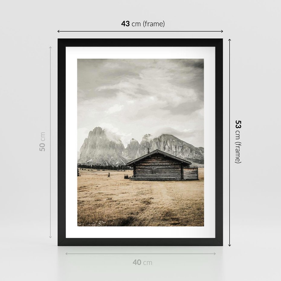 Plakat w ramie 40x50 - Surowa Przestrzeń i Górski Ustronny Azyl - chatka w górach, góry - rama czarna