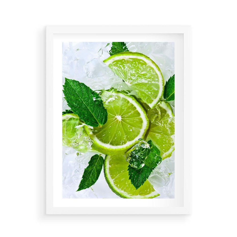 Plakat w ramie 50x70 - Ożywczy duet limonek i cytryn - limonki, cytryny - rama biała