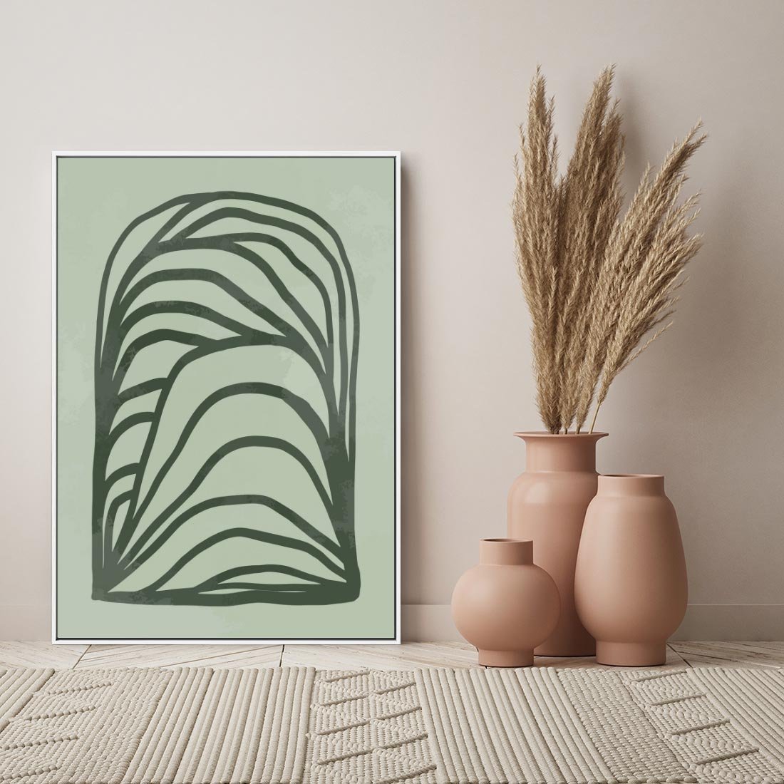 Obraz w ramie 80x120 - Zielonkawy Uścisk Natury - abstrakcyjny zielony motyw, skandynawski design - rama biała