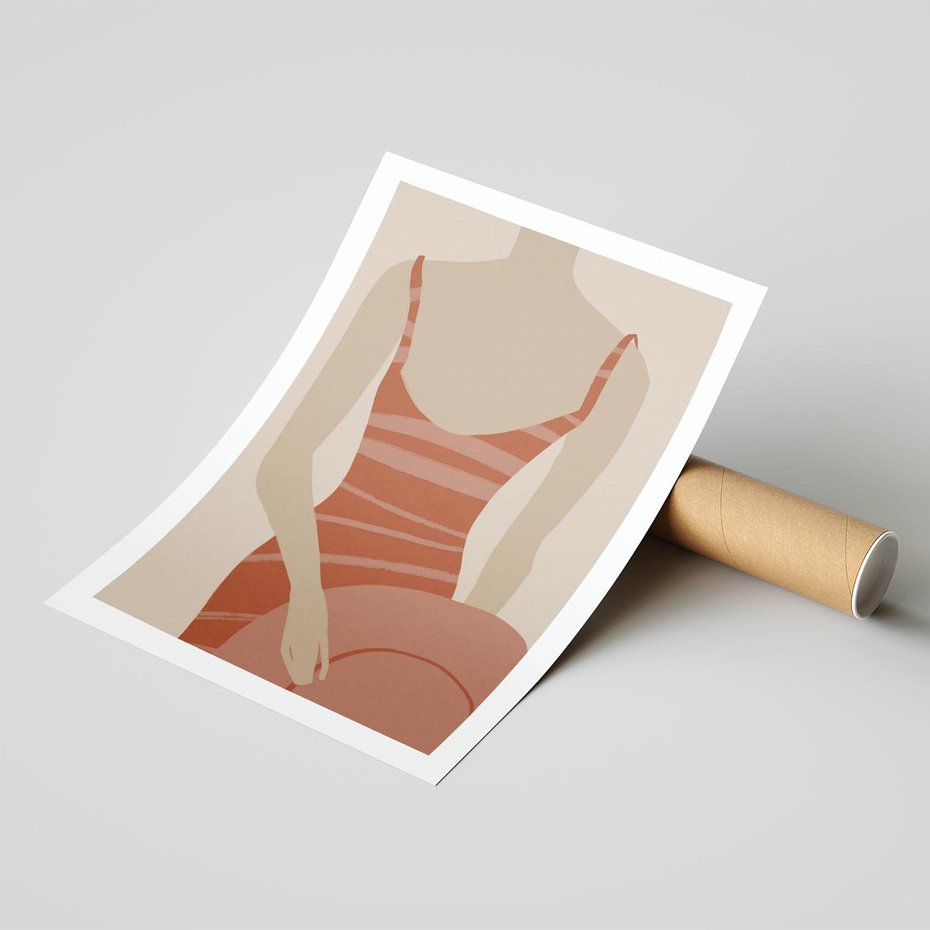 Plakat bez ramy 21x30 - Kobiece Retro - minimalistyczny boho plakat, retro kobieta w stroju kąpielowym