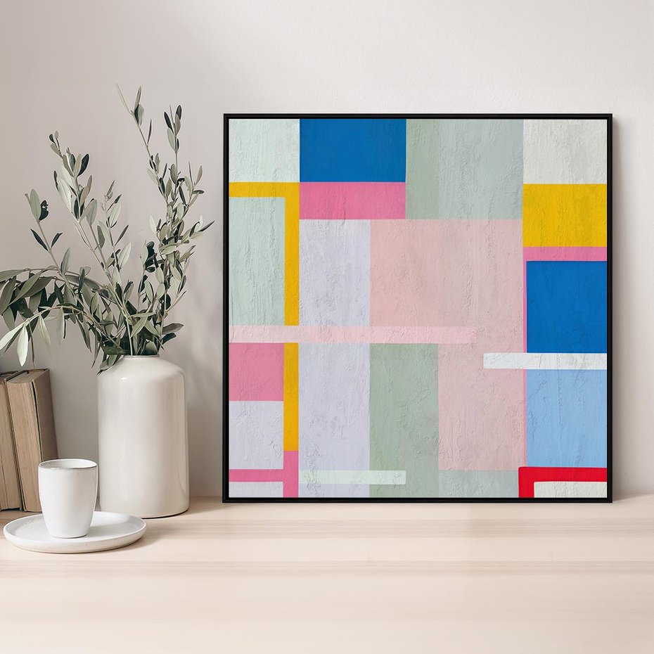 Obraz w ramie 50x50 - Rozbijające Granice Wyobraźni - abstrakcyjne geometryczne kształty, olejny obraz - rama czarna