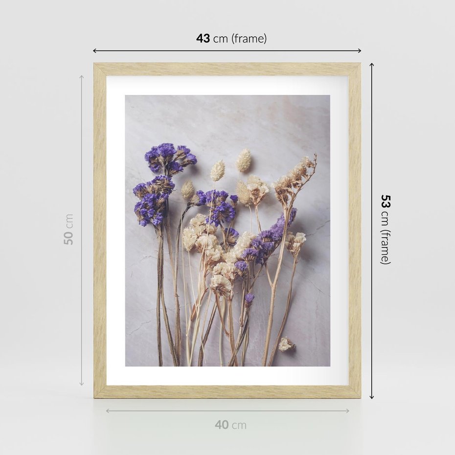 Plakat w ramie 40x50 - Błękitno-Biała Harmonia - suszone kwiaty, błekitne - rama drewno