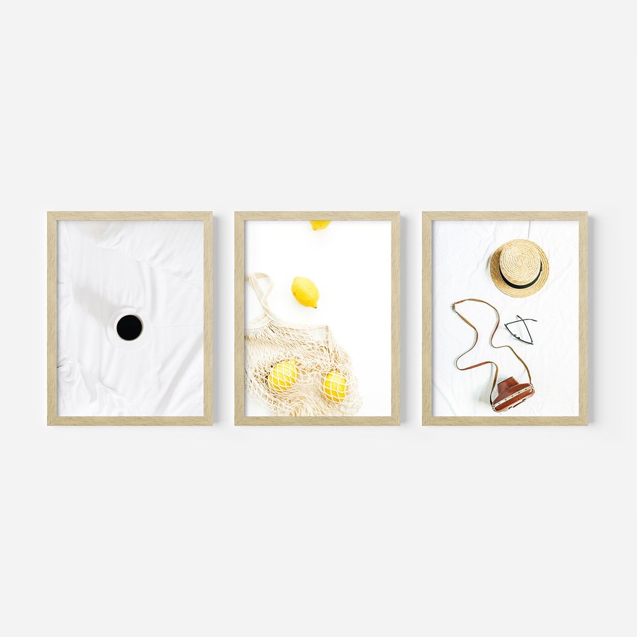 Zestaw obrazy w ramie 30x40 galeria - Moda, kapelusz, cytryny, wakacje, lato - rama drewno