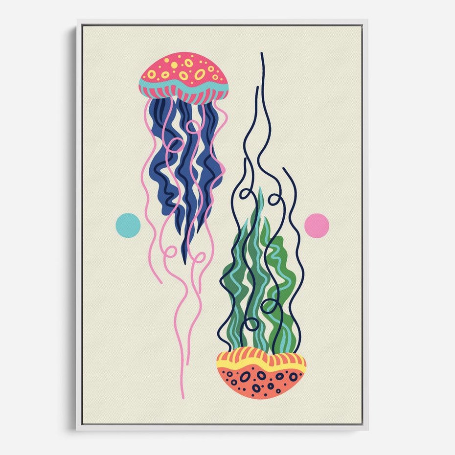 Obraz w ramie 70x100 - Morskie Pulsacje - nowoczesny optymistyczny plakat, kolorowe meduzy - rama biała