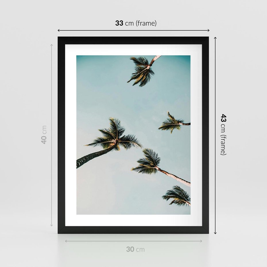 Plakat w ramie 30x40 - Palmy i Niebo - palmy, ujęcie z dołu - rama czarna