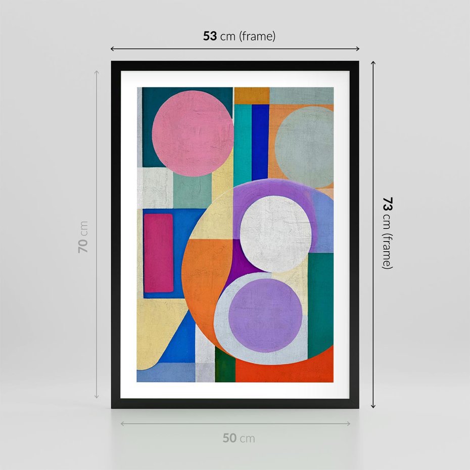 Plakat w ramie 50x70 - Migotliwe Impulsy Dźwięku - różne geometryczne formy, koła - rama czarna