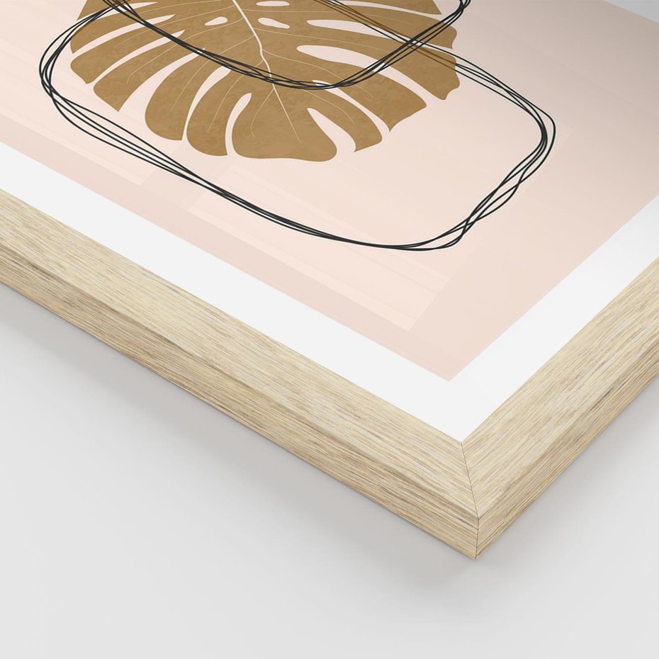 Plakat w ramie 30x40 - Liście w Beżowym Minimalizmie - minimalistyczny obraz, liście monstery - rama drewno