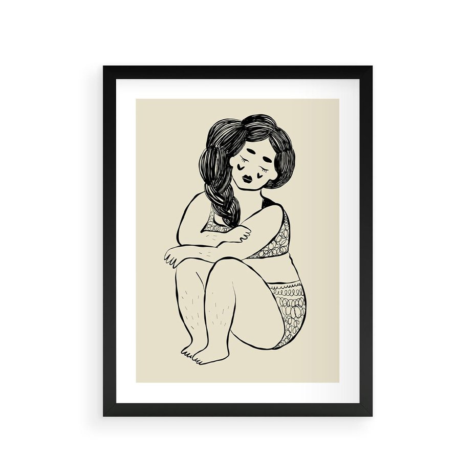 Plakat w ramie 30x40 - Migotliwe Refleksje - nowoczesny minimalistyczny rysunek, dziewczyna w bieliźnie - rama czarna