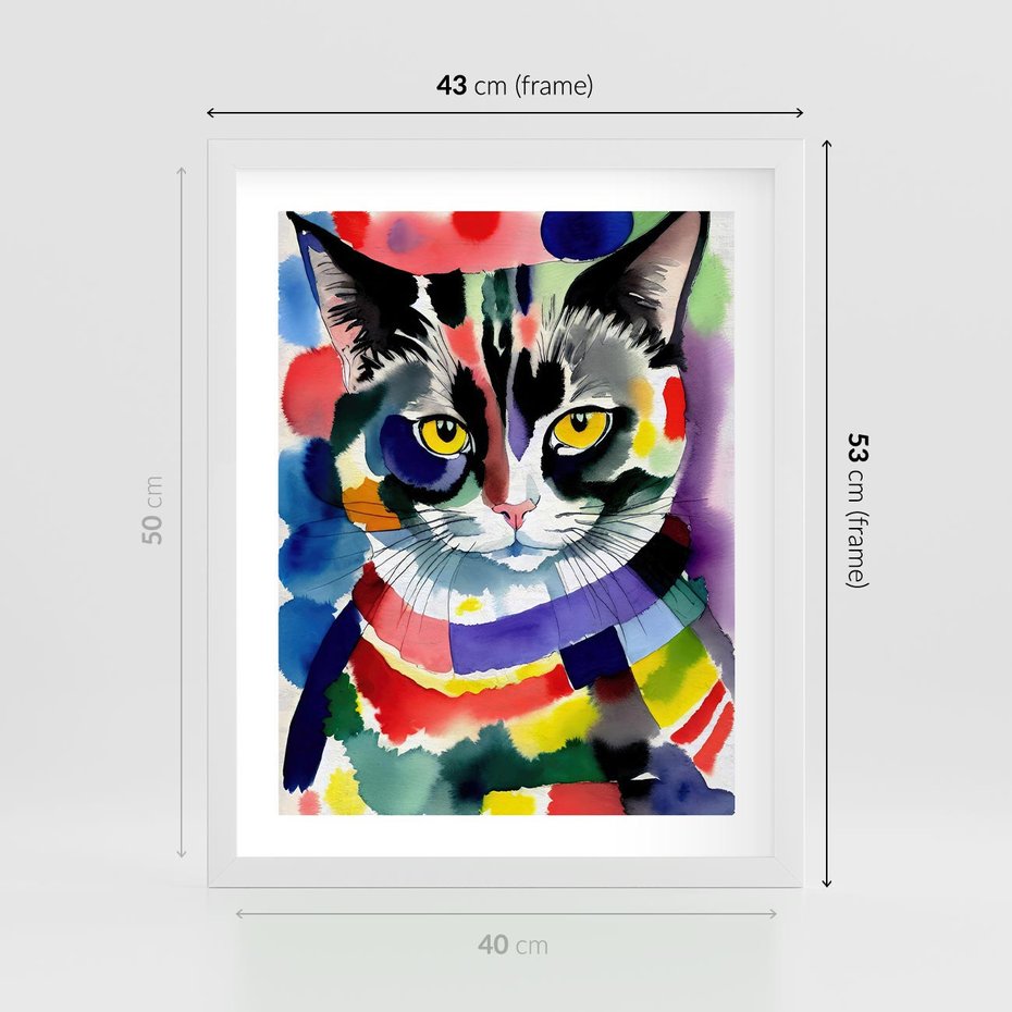 Plakat w ramie 40x50 - Koci Przyjaciel - abstrakcyjny obraz, akwarela - rama biała