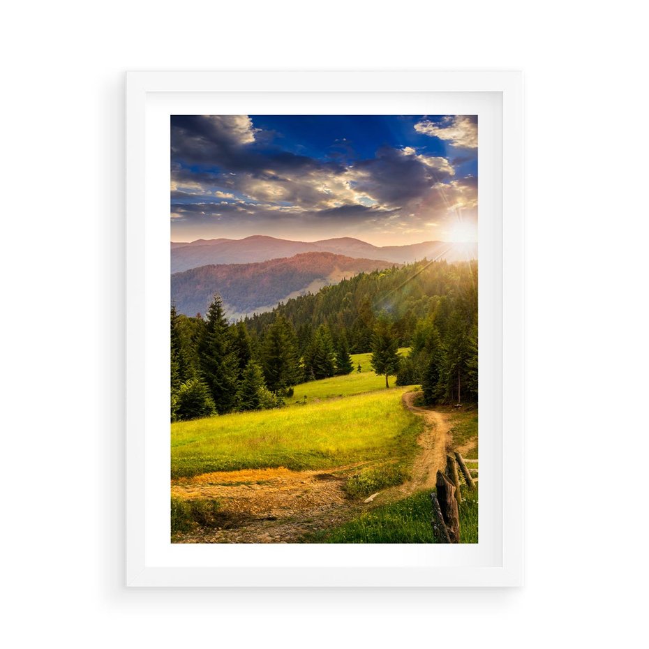 Plakat w ramie 50x70 - Zachód słońca na łące - zachód, łąka - rama biała