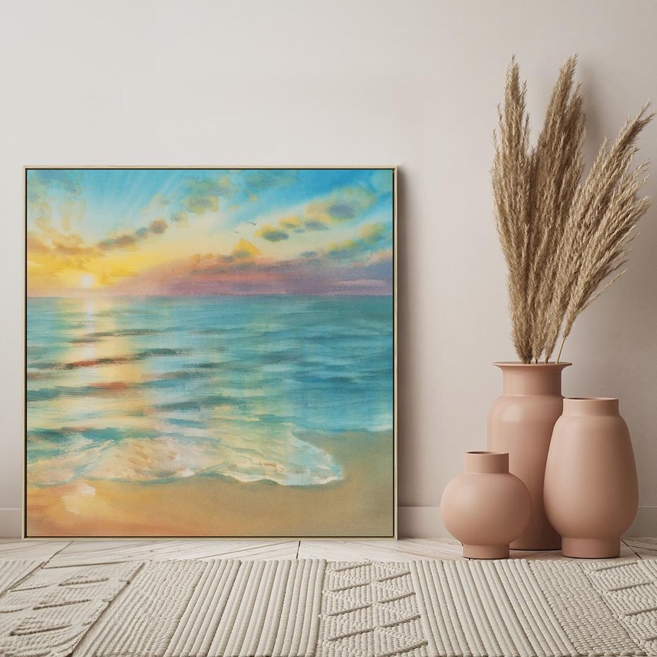 Obraz w ramie 80x80 - Objawienie Fioletowego Świtu - fioletowy wschód słońca, słońce wschodzi nad morzem - rama drewno