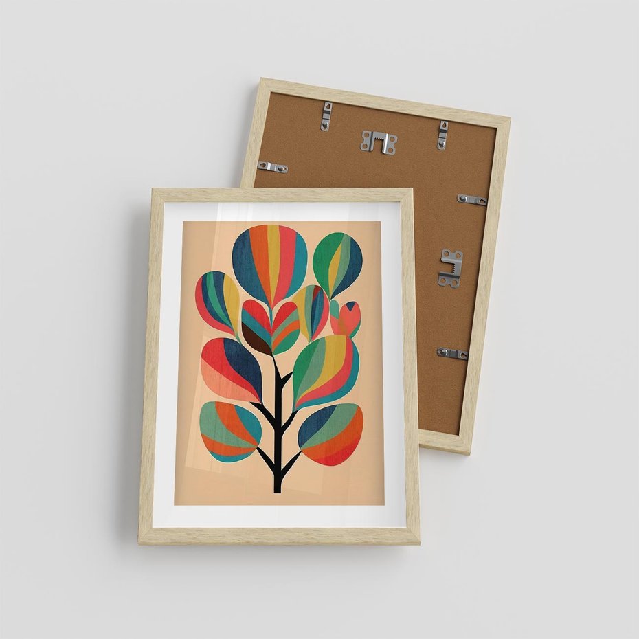 Plakat w ramie 30x40 - Harmonia Rozplątanych Form - abstrakcyjny kolorowy tęczowy obraz, inspiracje roślinne - rama drewno