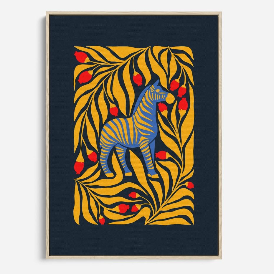 Obraz w ramie 50x70 - Wibracje Wyobraźni - zebra, granatowe tłó - rama drewno