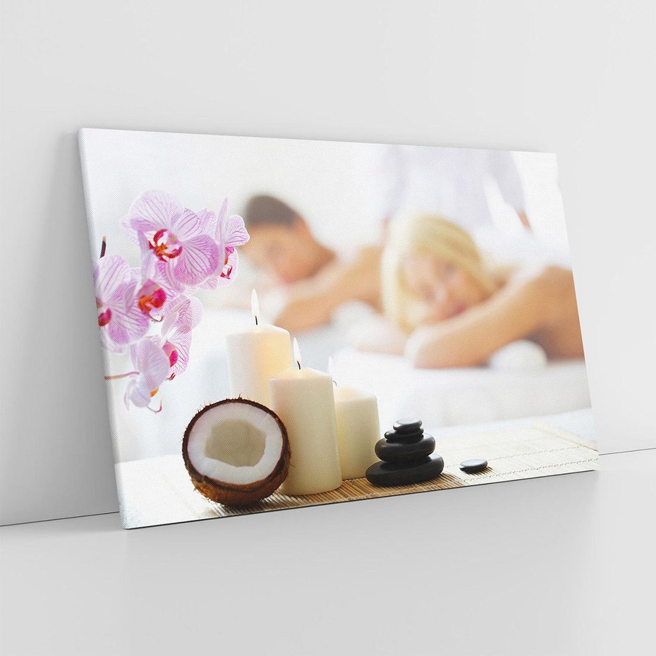 Obraz na płótnie 120x80 - Kokos, świece i kwiaty w SPA - kokos, świece