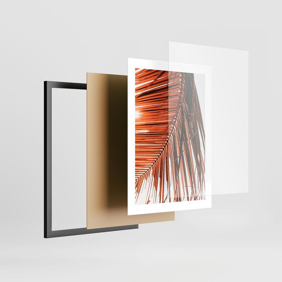 Plakat w ramie 30x40 - Słońce na Palmie - palma, promienie słońca - rama czarna